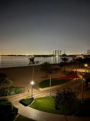 a view of a beach at night with a street light at 1 BHK Palm Jumeirah Sea View Al Sultana Shoreline in Dubai