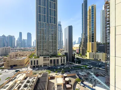 an aerial view of a city with tall buildings at Vibrant 2BR in Burj Views - Near Dubai Mall & Burj in Dubai
