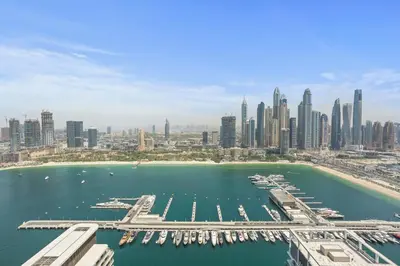 an aerial view of a city with a harbor at Iconic 3 Bedroom with Panoramic View in Grand Bleu in Dubai