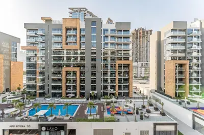an aerial view of a city with tall buildings at Studio with Pool and Community View, Near Soho Garden DXB and Meydan Golf Club, Azizi Riviera 43, Al Merkadh by Deluxe Holiday Homes in Dubai