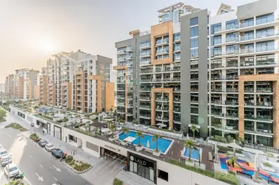an aerial view of a city with tall buildings at Studio with Pool and Community View, Near Soho Garden DXB and Meydan Golf Club, Azizi Riviera 43, Al Merkadh by Deluxe Holiday Homes in Dubai