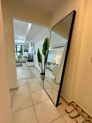 a mirror in a hallway with a potted plant at Prime Marina Location Stylish Apartment in Princess Tower in Dubai