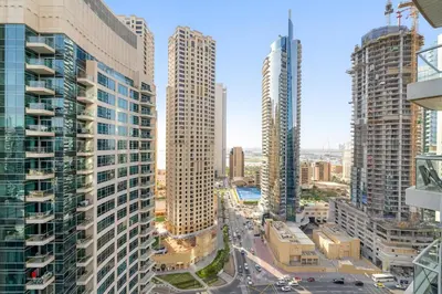 a view of a city with tall buildings at FIRST CLASS 2BR Elegant Urban Retreat in Dubai