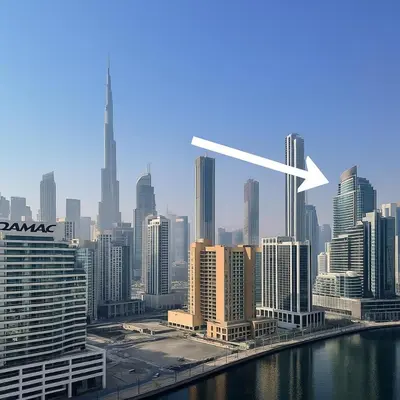 a view of a city skyline with a white arrow at Canal Luxe Burj 1BR Sleeps 4 with Pool and Gym in Dubai