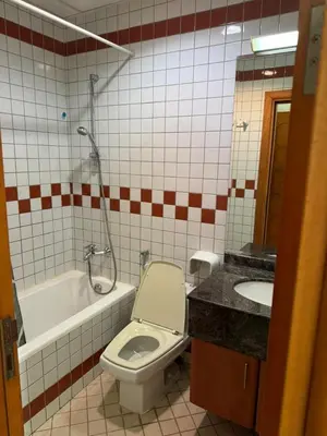 a bathroom with a toilet and a tub and a sink at Dream home in Dubai