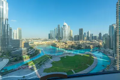a view of a city skyline with buildings at Burj & Fountain View Retreat in Dubai