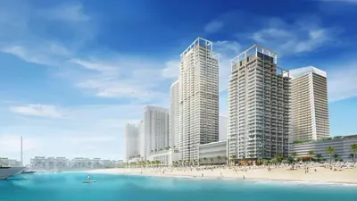 a rendering of a city with tall buildings and a beach at Luxury 2BR, Panoramic Sea Views and Beach Access in Dubai