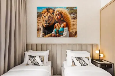 a bedroom with two beds and a painting of a woman and a lion at Lagoon Charm Luxurious Waterfront Living in Dubai