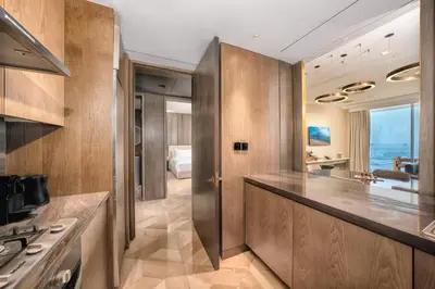 a kitchen with a view of the ocean at FIVE Palm Jumeirah Hotel Apartments in Dubai