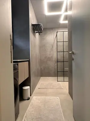 a bathroom with a shower and a door with rugs at Cozy Studio Apartment in Dubai