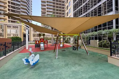 awning over a play area in a city at Exceptional 1-bedroom with pool view in Downtown in Dubai