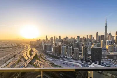 a view of a large city with traffic at Luxurious Apt 2BR Stunning Full Burj Khalifa view in Dubai