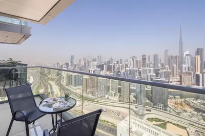 a balcony with a view of a city at Frank Porter - Nobles Tower in Dubai