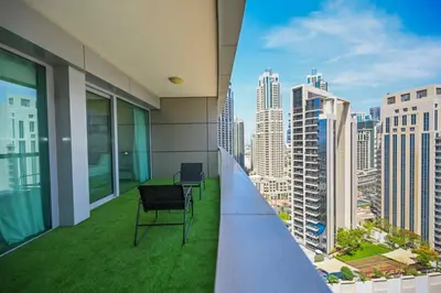 an office balcony with a view of a city at Stylish 1BR in 8 Boulevard Walk in Dubai