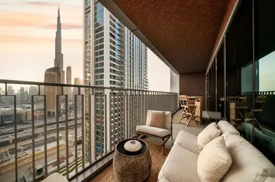 a balcony with a view of a city skyline at Seraya Residence 3 - 4BDR - Burj Views - Amenities and Concierge in Dubai