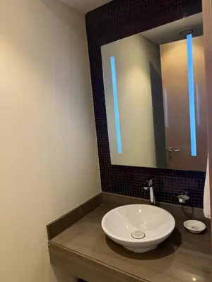 a bathroom with a sink and a large mirror at Royal Montania by DAMAC Paramount , Burj Khalifa View in Dubai