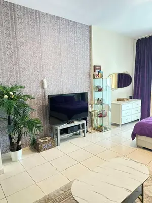 a living room with a tv and a couch at Tranquil & Elegant Studio in Dubai Sports City in Dubai