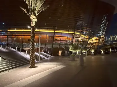 a palm tree in front of a building at night at Sky-High Burj Khalifa and Fountain Views in Dubai