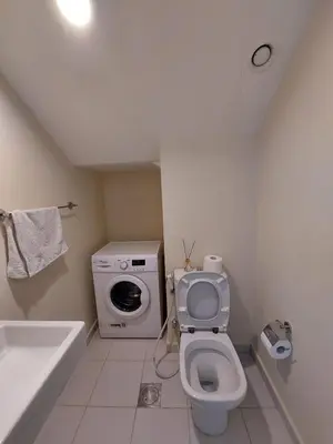 a bathroom with a toilet and a washing machine at Damac Hills 2- Relaxing 3BR townhouse - Homeyvillas in Dubai