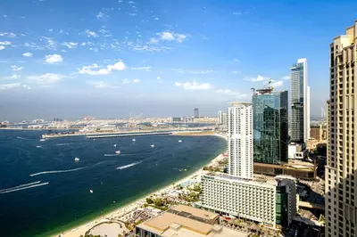 a view of the ocean in a city with tall buildings at Ain Vista - Rimal 5 - JBR in Dubai