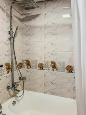 a bathroom with a shower and a bath tub at Luxury Studio in JVT in Dubai
