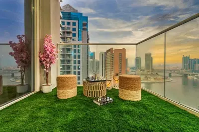 a balcony with a view of a city at GuestReady - Sleek city retreat in Business Bay in Dubai
