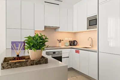 a kitchen with white cabinets and a potted plant at Silkhaus Elite 1BDR in Canal Front Tower in Dubai