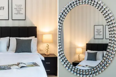 two pictures of a bedroom with a mirror and a bed at Modern 2BR in the heart of Downtown Dubai in Dubai