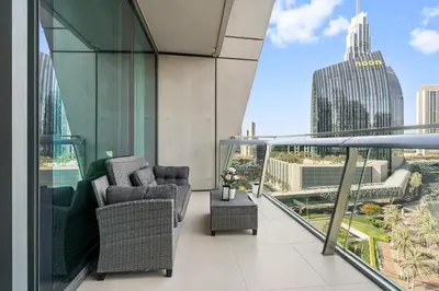 a balcony with a view of a city at Burj Vista - Prime Downtown Dubai in Dubai