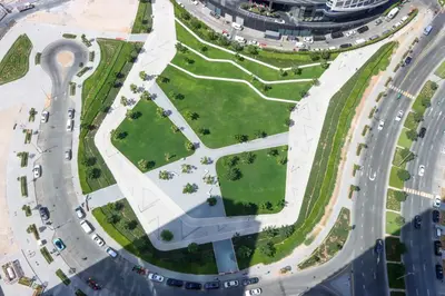 an overhead view of a city intersection with roads at High-Floor 1BR with Burj Khalifa View Prime Location in Dubai