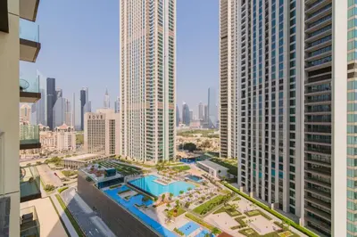 an aerial view of a city with tall buildings at Elite Escape Holiday Home - 1 BHK Getaway with Dubai Mall Access - 3310 in Dubai
