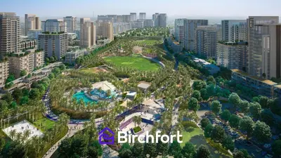 an aerial view of a park in a city at Birchfort - Elegant 1BR Furnished at Mulberry in Dubai