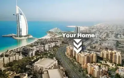 a view of a city with the words your home at 1br Luxury Complex Burj AlArab View 5min to beach in Dubai