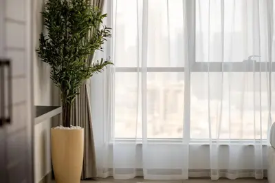 a vase with a plant in front of a window at 2 Bedroom Apartment BLVD Central 1 with Boulevard Views in Dubai