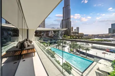 a view from the balcony of a building with a swimming pool at Seraya at Grande Signature Residences in Dubai