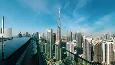 a view of the city from the observation deck at Paramount Midtown Hotel - Luxury Apartments & Infinity Pool with Burj Khalifa View in Dubai