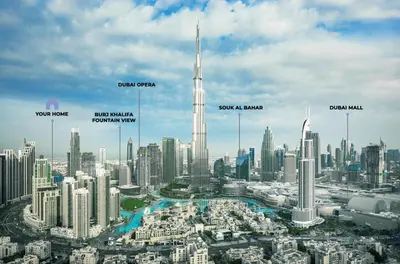 a view of the dubai skyline with the burj khalifa at The Fountain Views Suite in Downtown Dubai in Dubai