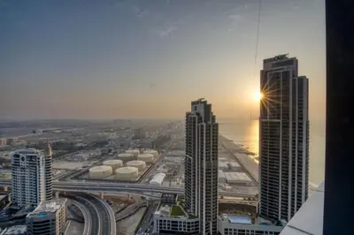 an aerial view of a city with tall buildings at Address Beach Resort - 1BDR With Private Beach in Dubai