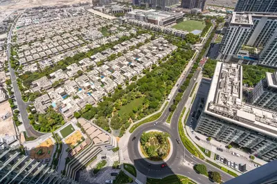 an aerial view of a city with a highway at PVH - Sobha Waves - Serene 1BR minutes to Downtown in Dubai