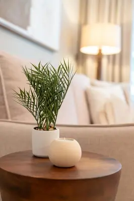 a small table with a potted plant on it at Luxurious 1BR Pool with Burj Khalifa View Dubai Mall in Dubai