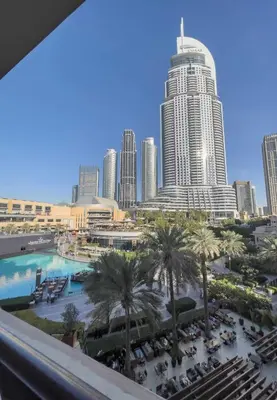 a view of the mgm resort from the balcony of a hotel at Upgraded 2bdr with acess to Dubai Mall in Dubai