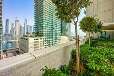 a view of a city skyline from a building at Sea View 2BR Apartment in Beach Vista 2 in Dubai