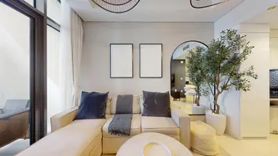 a living room with two couches and a mirror at Vacationer I Luxury 2 Bedroom Apartment I Business Bay, Near Dubai Canal I Aykon City Tower 2 in Dubai