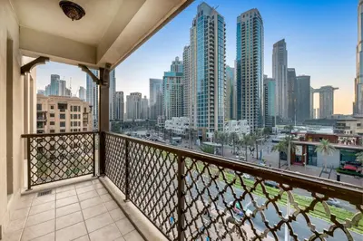 a balcony with a view of the city at Front Burj Khalifa 2BR in Old town community in Dubai