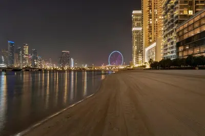 a city skyline with a ferris wheel at night at Romantic basic apertmen in Dubai