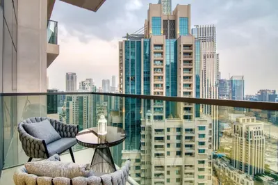a balcony with a view of a city at The 34th Perch Downtown Retreat 2BDR in Dubai