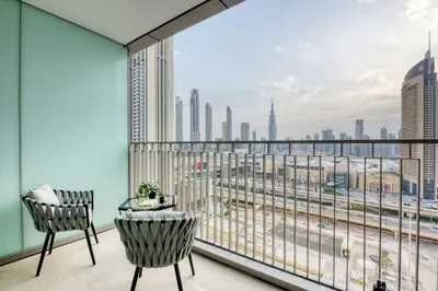 a balcony with a view of a city skyline at Ultimate Luxury 3BDR With Burj Khalifa view in Dubai