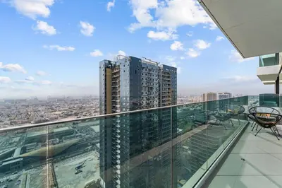 a view of a city from the top of a building at Luxury 2 BR Spectacular Downtown and Sea View next to metro in Dubai