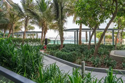 a park with palm trees and a bench at PVH - Tranquil 2BR - Bluewaters Residences 5 in Dubai