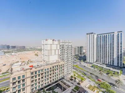 an overhead view of a city with tall buildings at Stylish Dubai Hills Retreat 1BR-Park Heights 2 T2 in Dubai